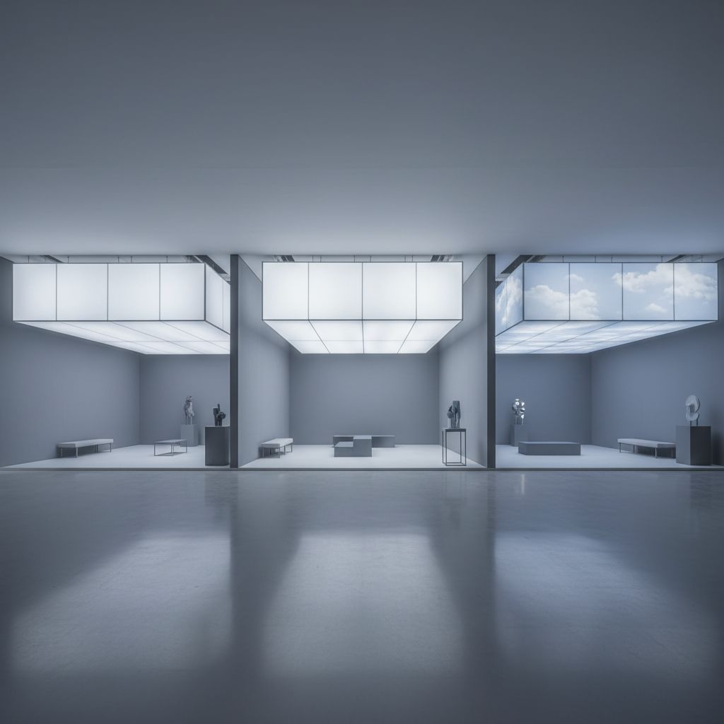 Une image comparative montrant côte à côte un plafond tendu mat, un plafond tendu lumineux et un plafond tendu avec une impression personnalisée pour illustrer les différentes finitions.