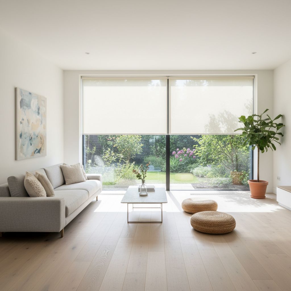 Intérieur moderne et lumineux avec un store screen solaire sur une grande baie vitrée, montrant la vue sur un jardin ensoleillé.