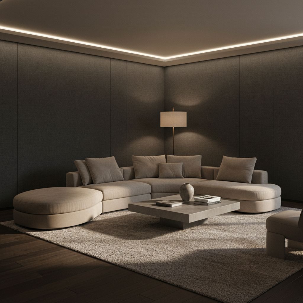 Un salon chic et cosy, avec ses murs habillés d'un tissu tendu gris foncé. L'ambiance est feutrée, élégante, autour d'un grand canapé et d'un éclairage d'ambiance.