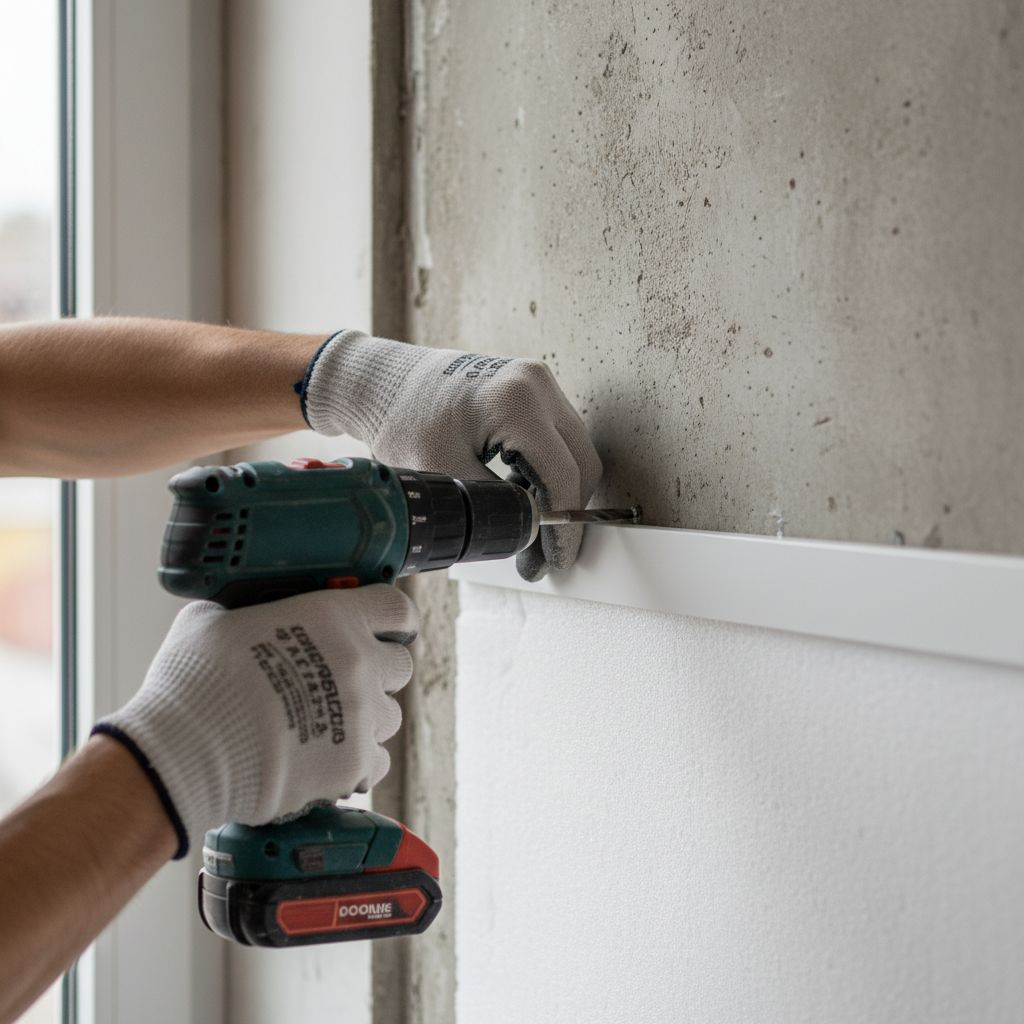 Un diagramme simple montrant les étapes de l'installation du tissu tendu avec des profils PVC : 1. Fixation des profils au mur, 2. Installation du molleton, 3. Insertion du tissu dans les profils.