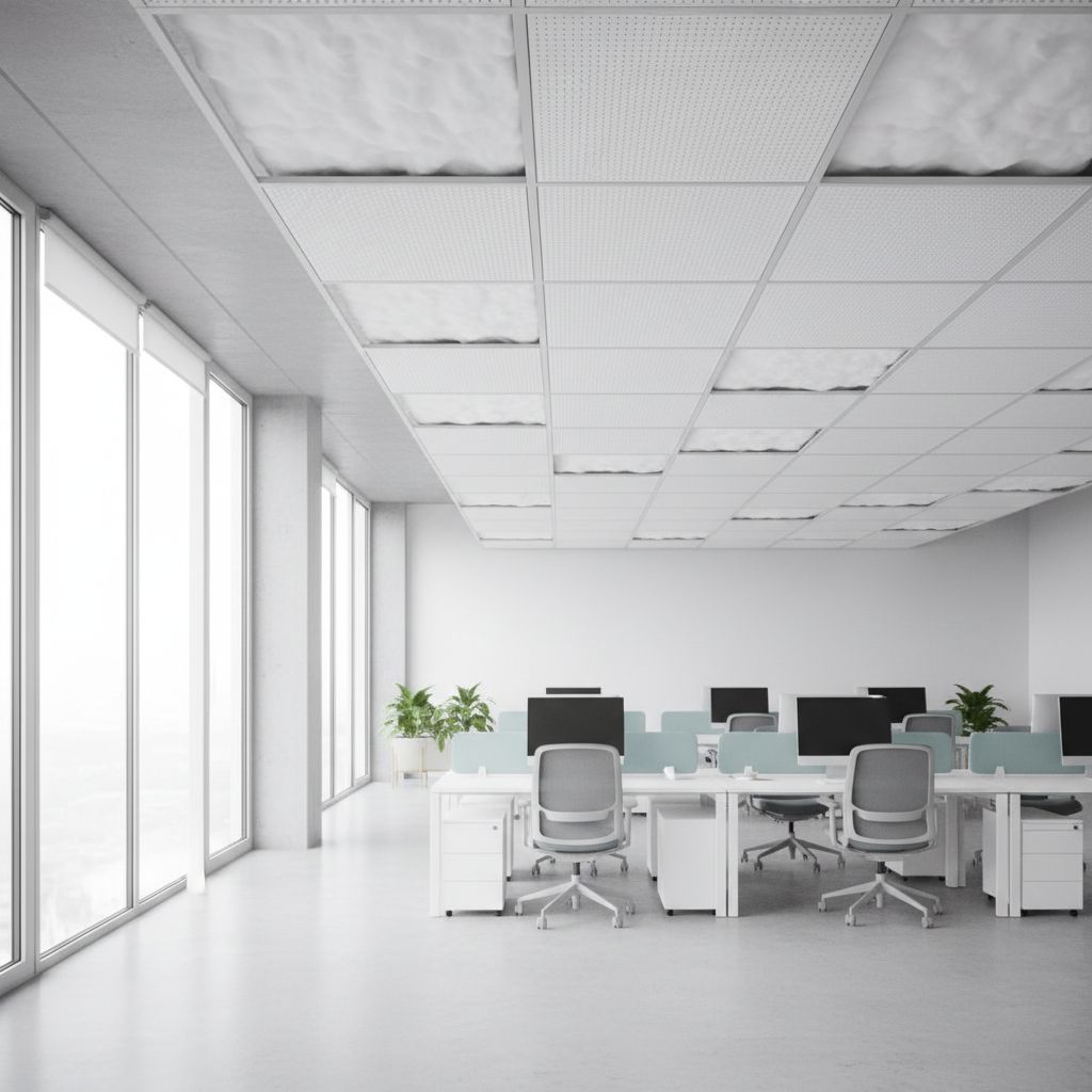 Schéma expliquant comment une toile de plafond tendu micro-perforée et son isolant absorbent le bruit dans un bureau.