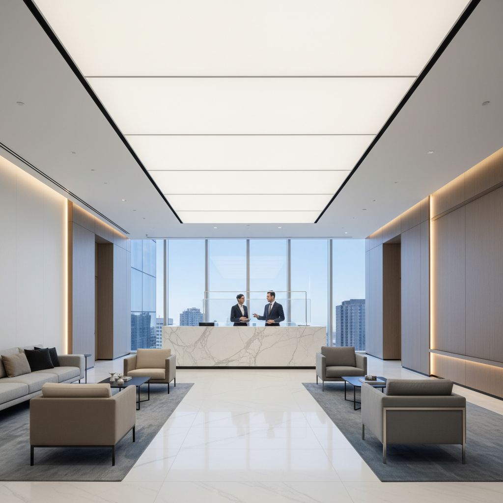 Photo d'un hall d'accueil d'entreprise moderne avec un grand plafond tendu rétroéclairé diffusant une lumière douce et uniforme.