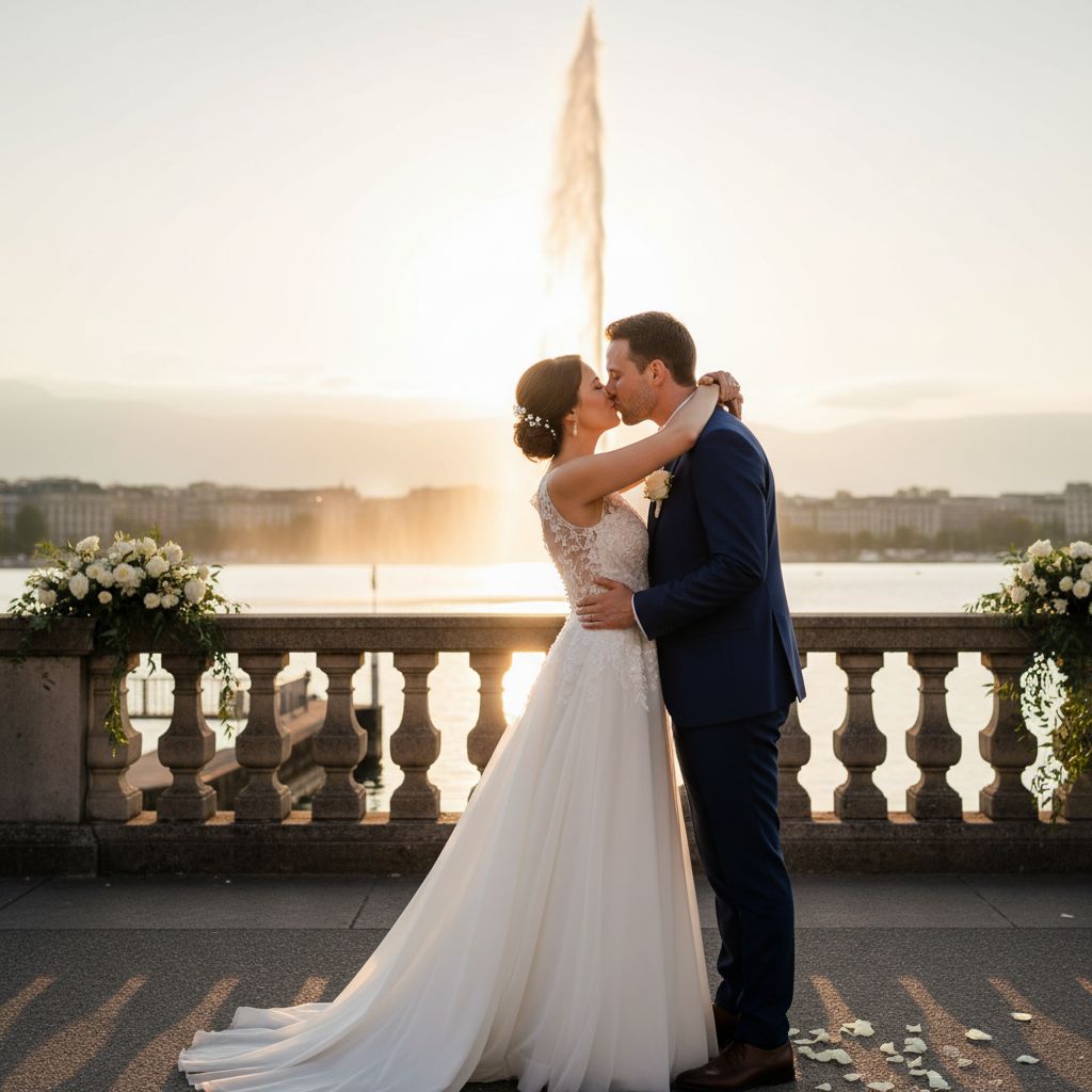Couple de mariés s'embrassant avec le Jet d'Eau de Genève en arrière-plan, capturé dans un style photographique lumineux et romantique.