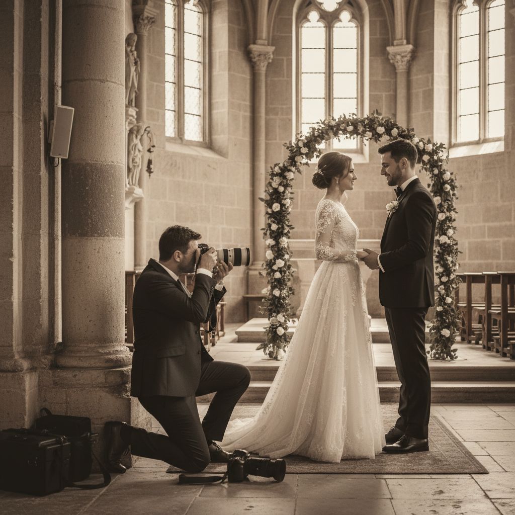Un photographe de mariage en action, discretement en train de capturer un moment sincère entre les mariés pendant la cérémonie.