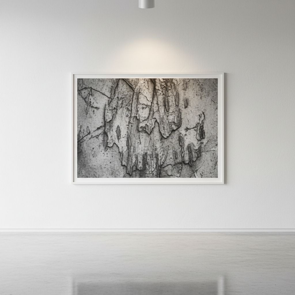 Une photographie d'art en noir et blanc, abstraite et texturée, accrochée sur le mur d'une galerie.