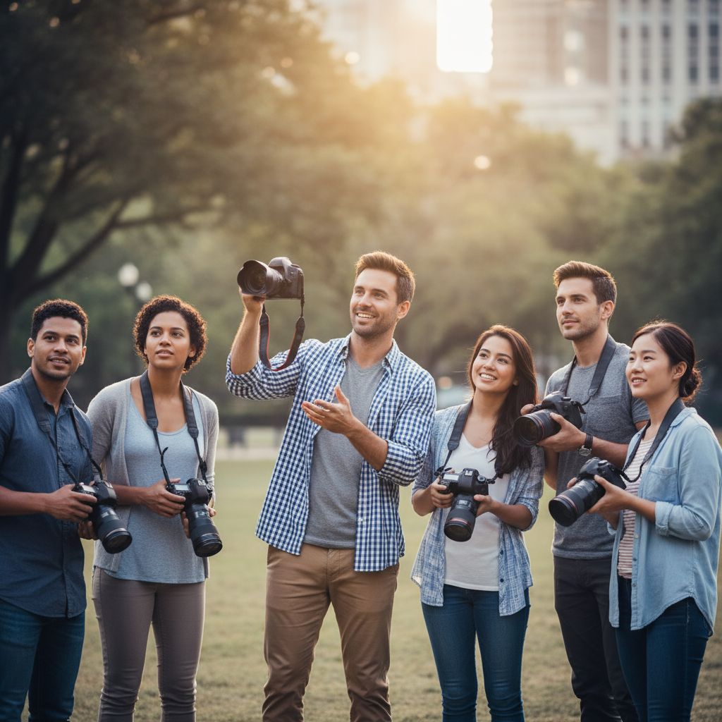 Photo d'ambiance montrant un groupe de gens qui apprennent la photo dehors, ils ont l'air super concentrés sur ce que dit le formateur.