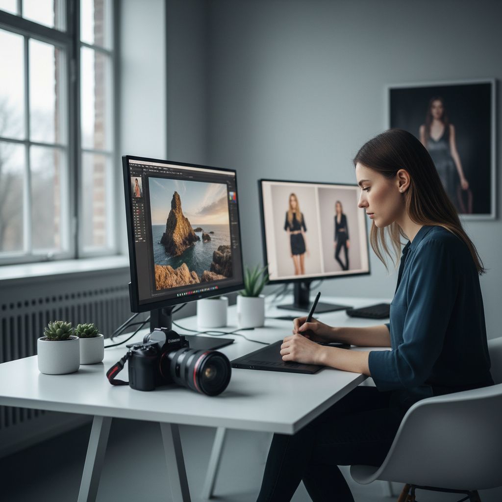 Un photographe professionnel en train de retoucher des photos sur un ordinateur dans un studio bien éclairé.