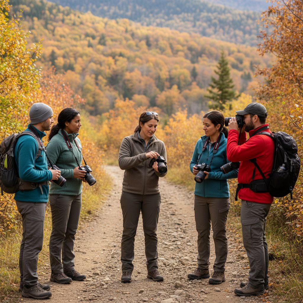 Un petit groupe de personnes écoutant attentivement un instructeur lors d'un cours de photographie en plein air.