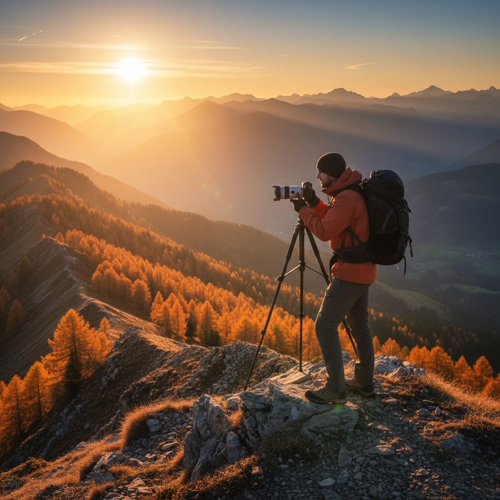 Un photographe capturant un paysage montagneux suisse pendant l'automne, avec des couleurs chaudes et une lumière douce.
