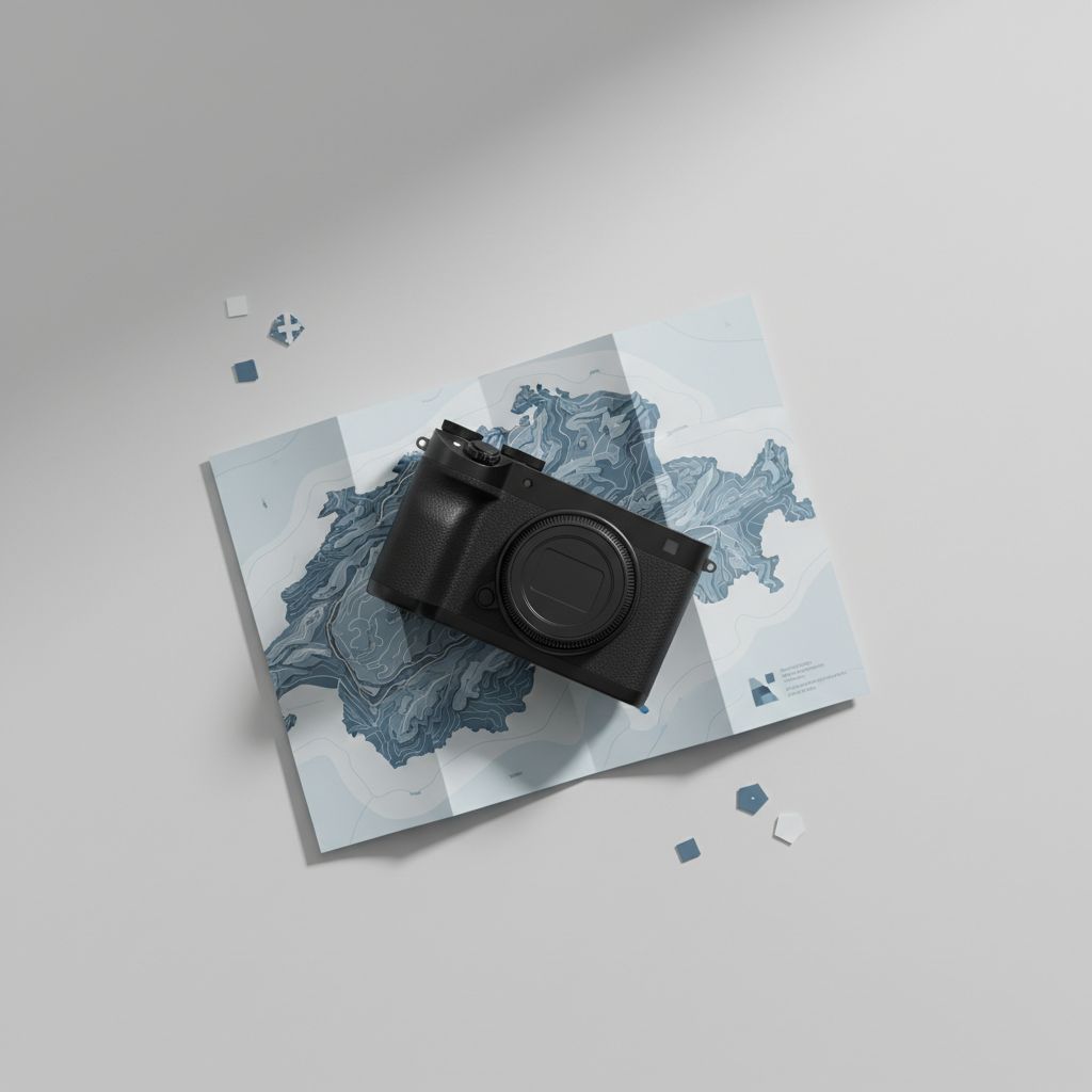 Un appareil photo moderne sur une carte de la Suisse, une image qui évoque toutes les possibilités de formation photo qui s'offrent à vous dans le pays.
