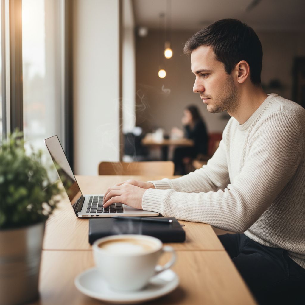 Quelqu'un en train de suivre un cours de photo en ligne sur son laptop, un café à portée de main. L'image même de la liberté d'apprendre à son rythme.