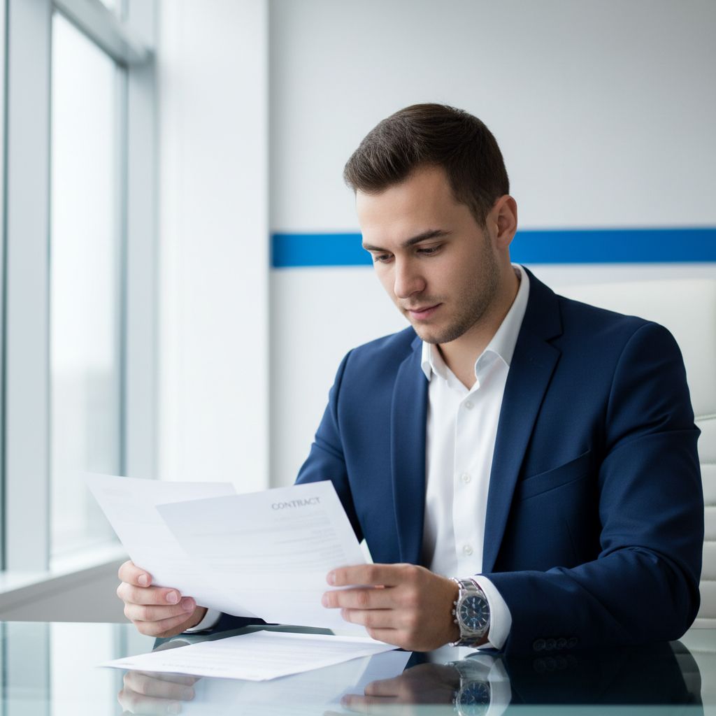 Un professionnel examinant attentivement un contrat de salle de sport avec une montre au poignet, symbolisant la gestion du temps.