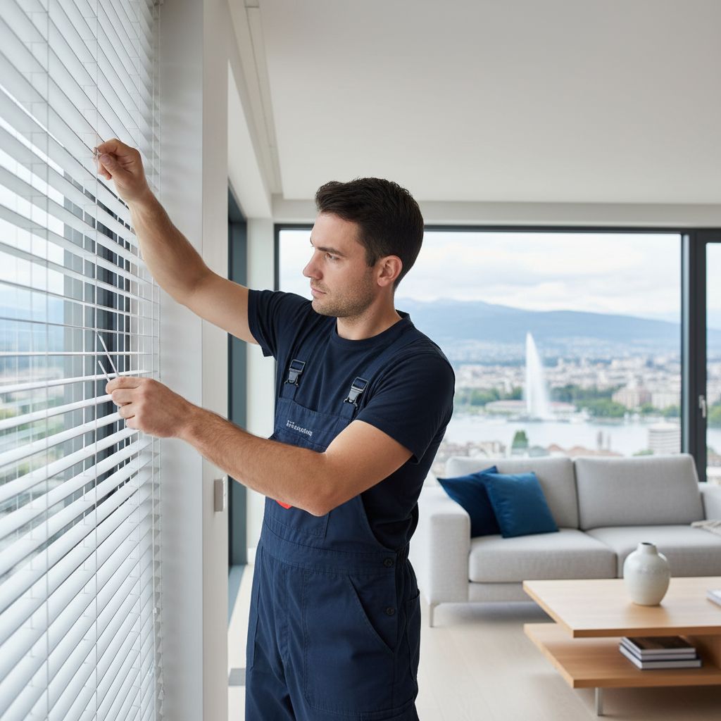 Un installateur professionnel ajustant un store vénitien dans un salon moderne à Genève, mettant en avant la précision du travail.