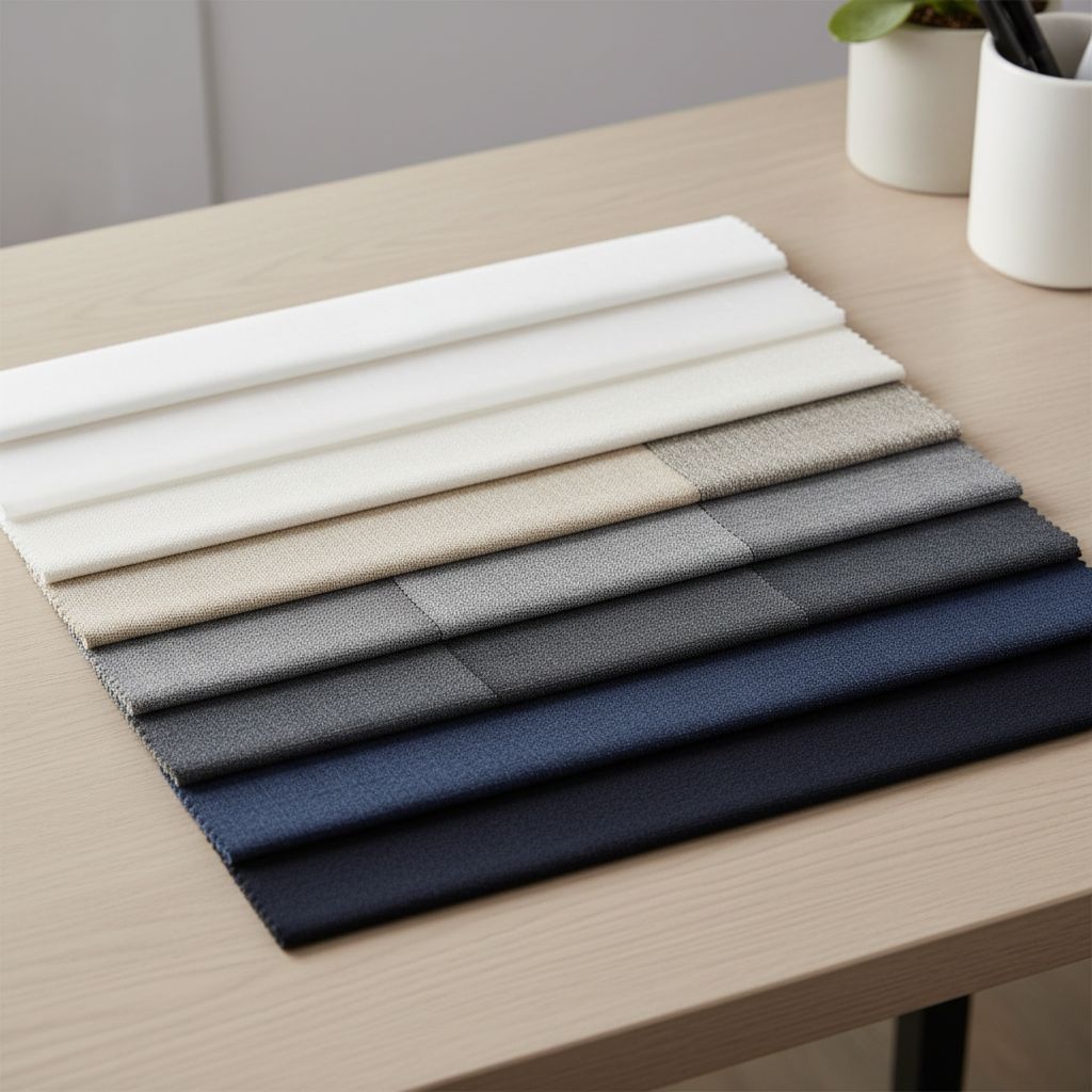 Collection d'échantillons de tissus pour stores intérieurs de différentes couleurs et textures, posée sur une table de travail.