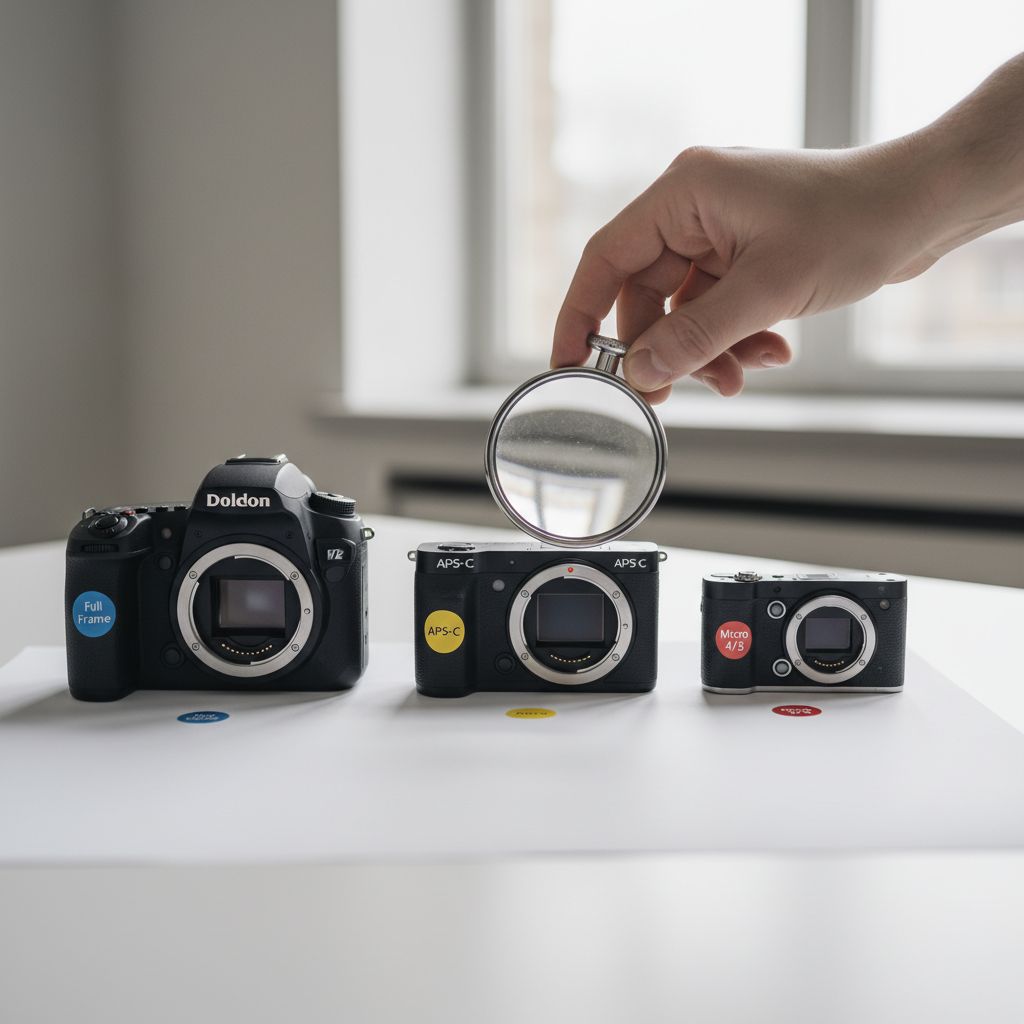 Diagramme simple comparant les tailles de capteurs photo : Plein format, APS-C et Micro 4/3, avec une icône représentant la qualité d'image et le coût pour chaque.