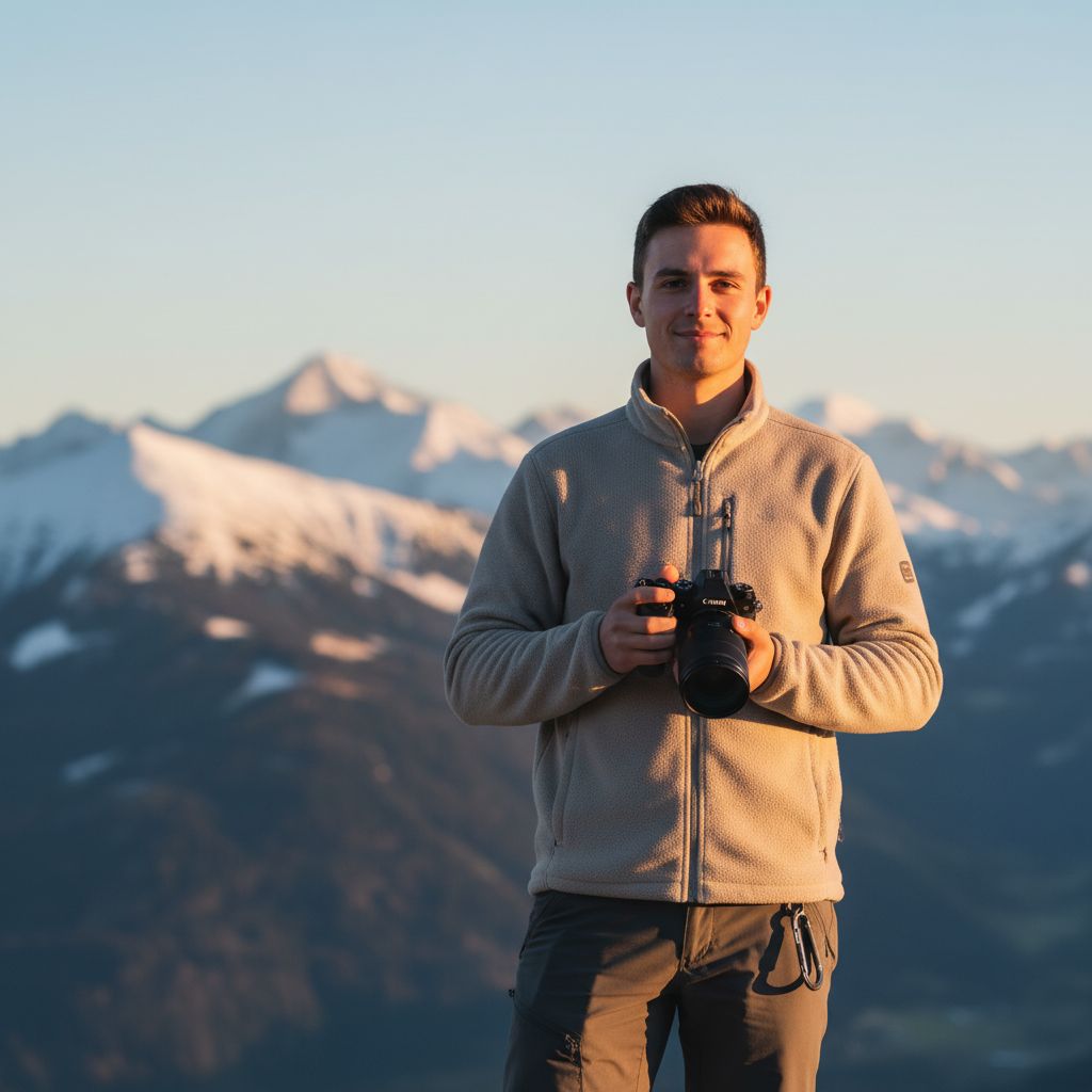 Une personne tenant un appareil photo hybride moderne, avec en arrière-plan un paysage suisse flou, symbolisant le début d'une aventure photographique.