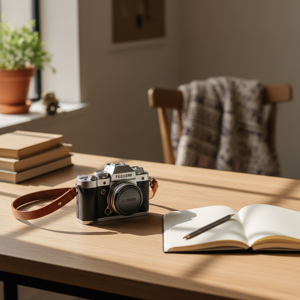 Un appareil photo Fujifilm au look vintage, posé sur une table en bois près d'un carnet. L'image parfaite de l'inspiration qui attend le photographe créatif.