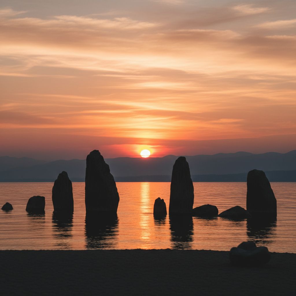 Un lever de soleil sur le lac de Neuchâtel, avec les menhirs de Clendy qui se découpent en silhouettes mystérieuses au premier plan.