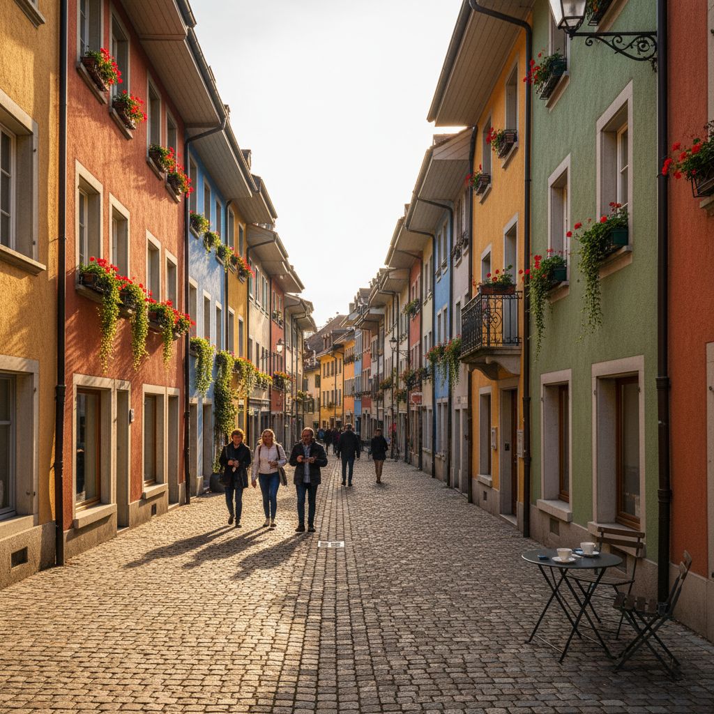 La Rue du Four à Yverdon-les-Bains et son charme, avec ses façades colorées et ses pavés, sous la lumière de fin de journée.