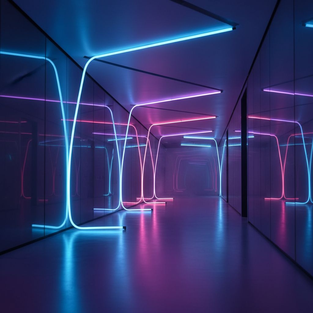 Imaginez un couloir futuriste à l'intérieur de la Maison d’Ailleurs, baigné de néons colorés et de reflets sur les murs.