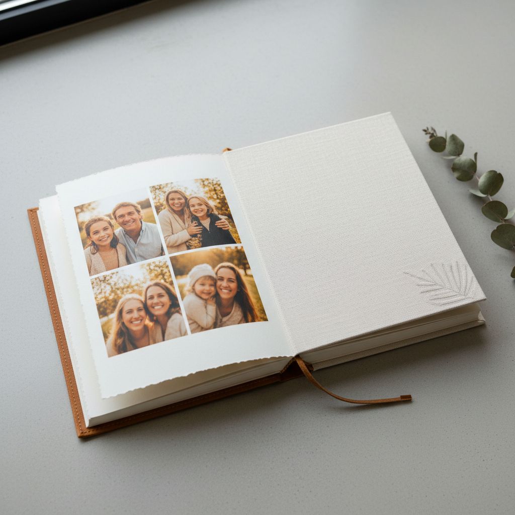 Gros plan sur un album photo de famille de haute qualité, montrant la valeur des supports physiques.