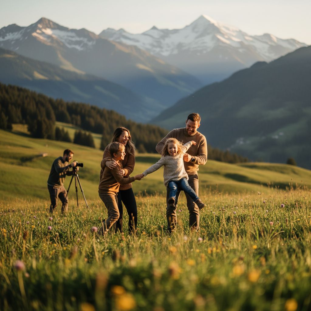 Une famille heureuse en plein air pendant une séance photo en Suisse, avec un photographe professionnel capturant le moment.