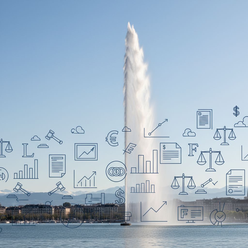 Vue du Jet d'Eau à Genève avec en superposition des icônes symbolisant la finance et les documents légaux, représentant la fiscalité des entreprises genevoises.