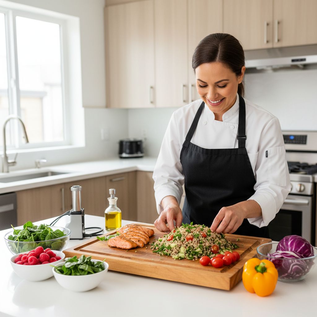 Un pro souriant qui se prépare un plat sain et coloré dans sa cuisine. Ça montre bien qu'on peut allier nutrition et agenda de ministre.
