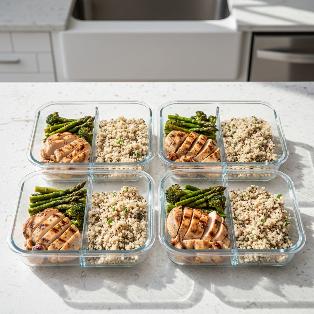 Plusieurs boîtes de 'meal prep' bien organisées, remplies de poulet, quinoa, et légumes verts, prêtes pour la semaine.