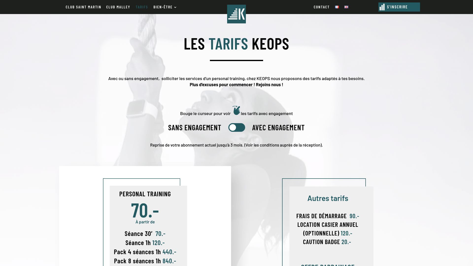 Capture d'écran de la page d'accueil de Keops Fitness, montrant leur image de marque moderne et leurs installations.