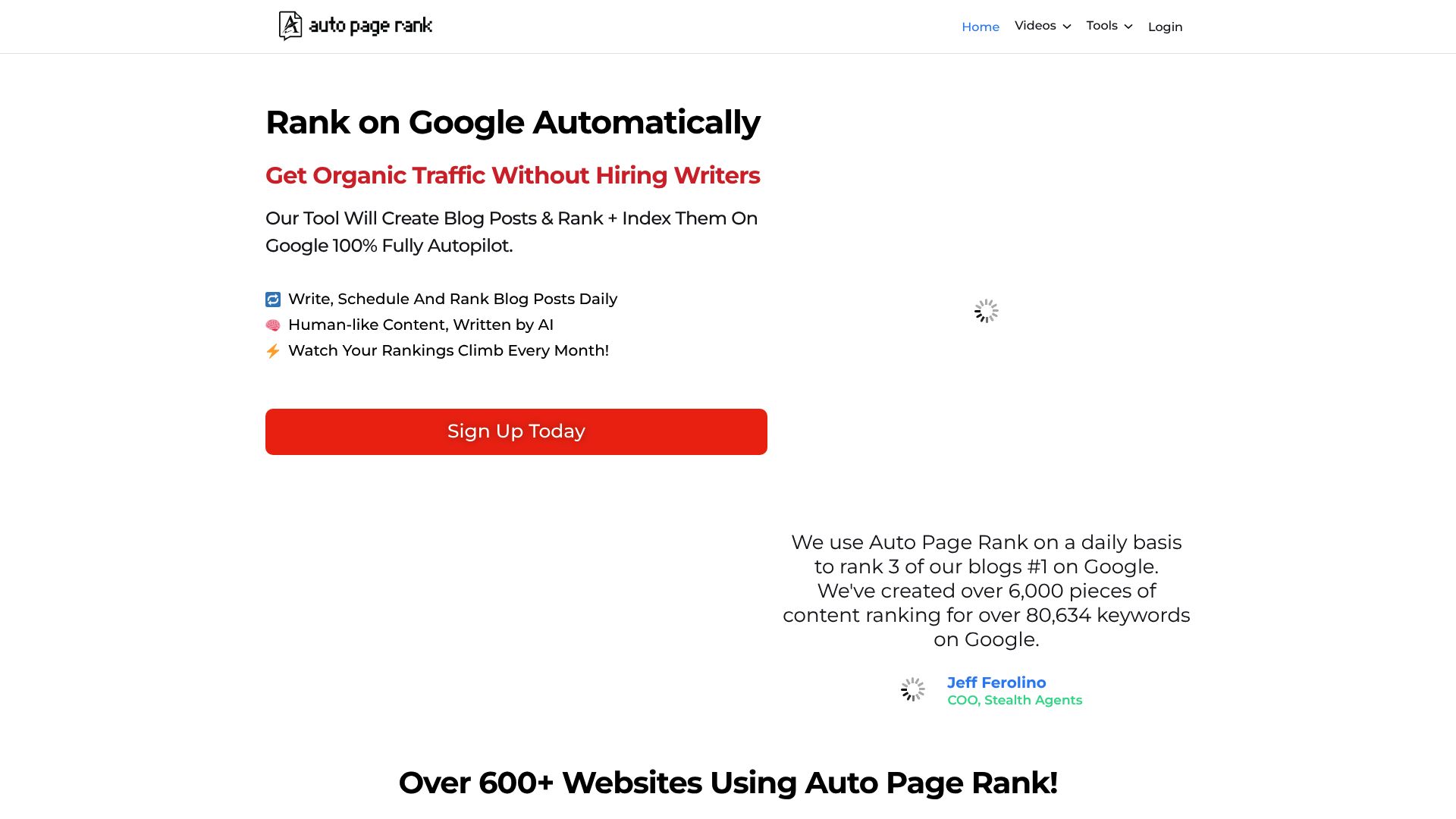A screenshot of the AutoPagerank.com website homepage, showing their focus on programmatic SEO and content automation.
