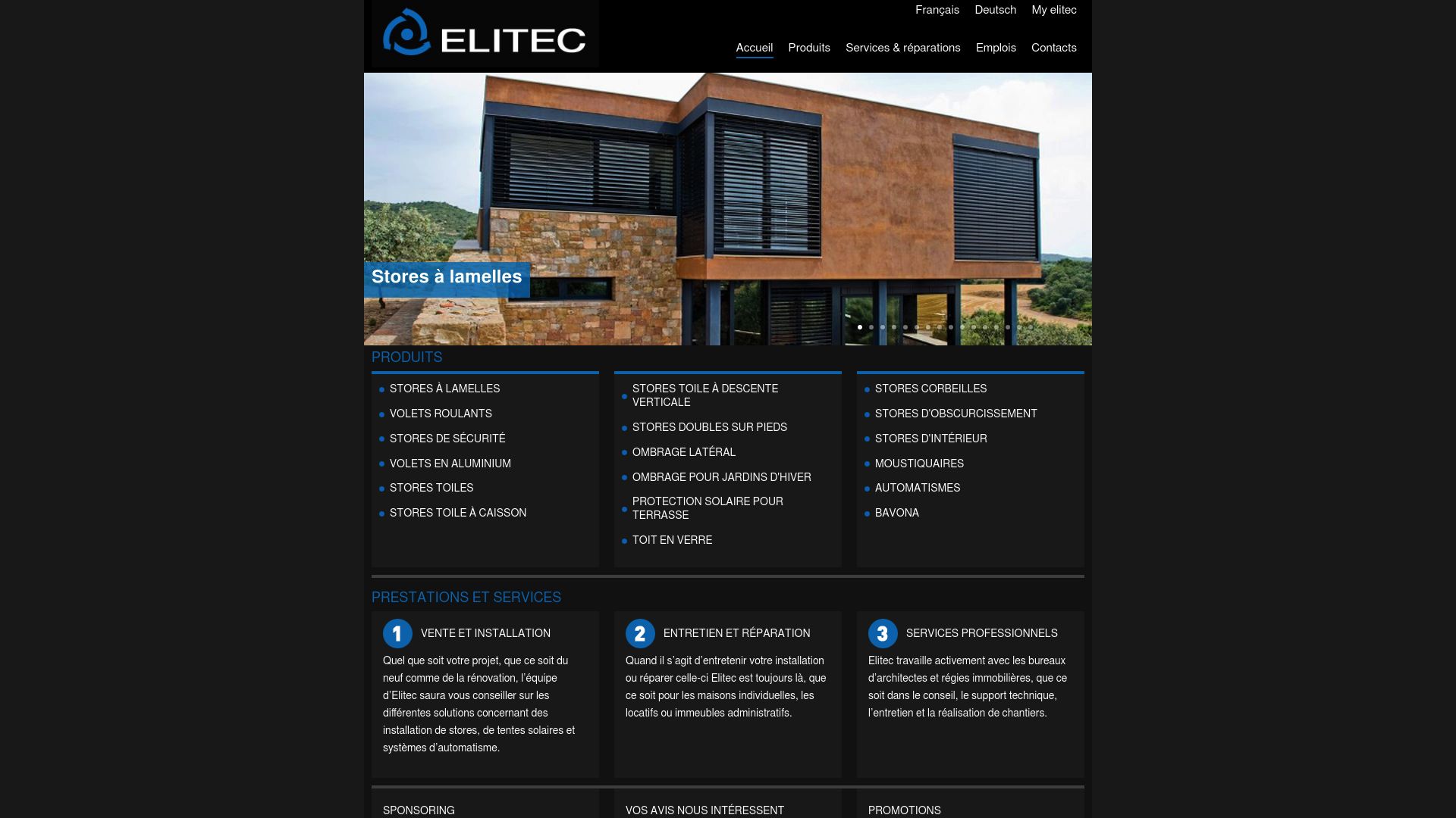 Une capture d'écran de la page d'accueil du site ELITEC Stores et volets roulants SA, qui montre les différents services qu'ils proposent.