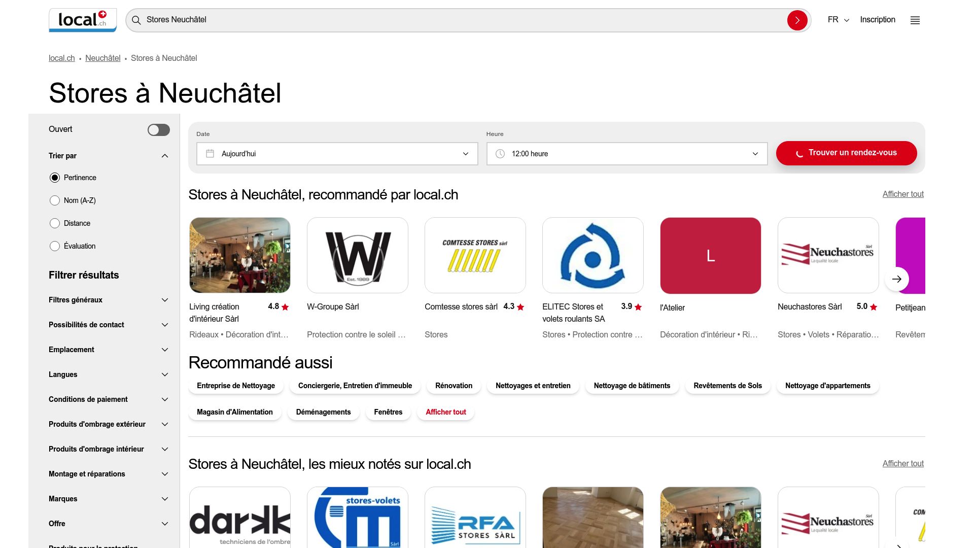 Capture d'écran de la page de résultats de recherche de local.ch pour les entreprises de stores à Neuchâtel, montrant la fiche de Living création d'intérieur Sàrl.