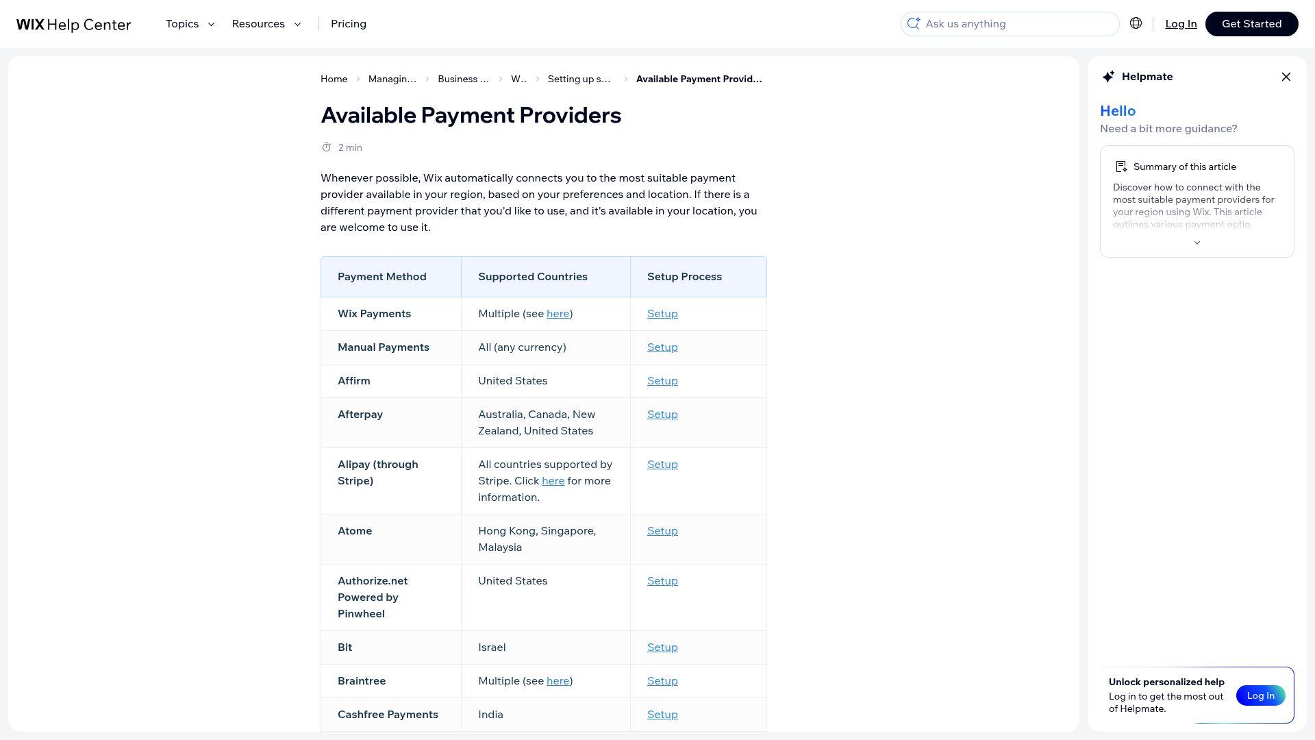 A screenshot showing the payment provider options page in Wix.