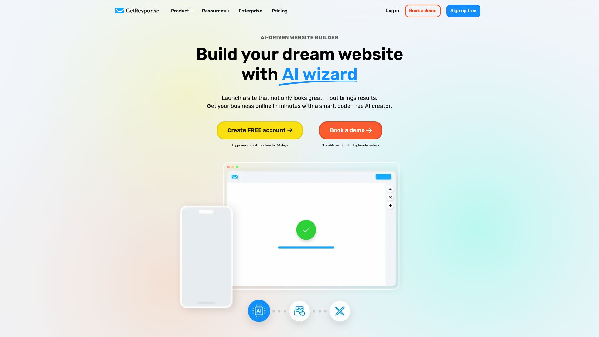Screenshot of the GetResponse AI Website Builder interface showing marketing automations