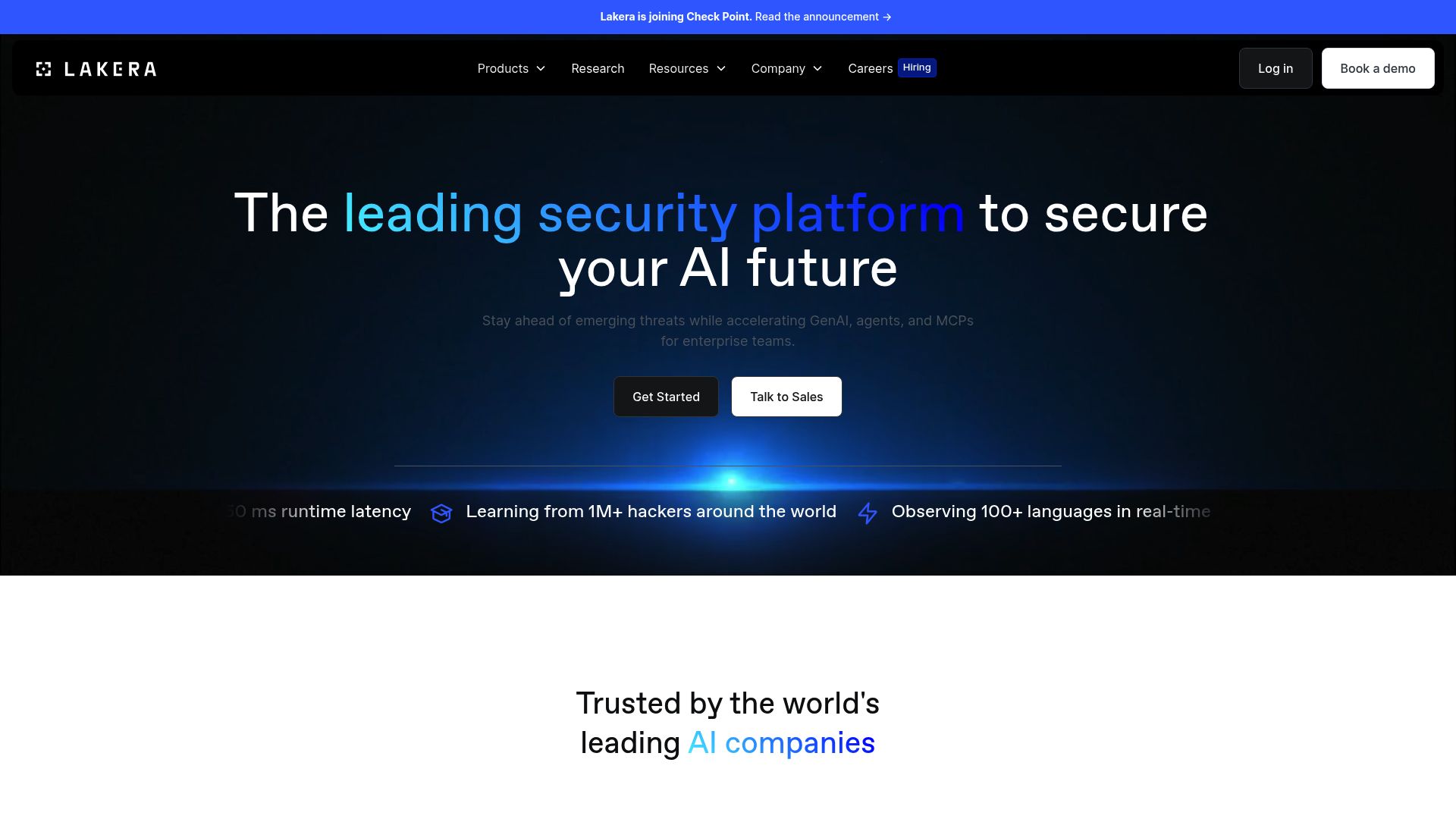 Screenshot of the Lakera website homepage, showing their brand and value proposition about securing LLMs.