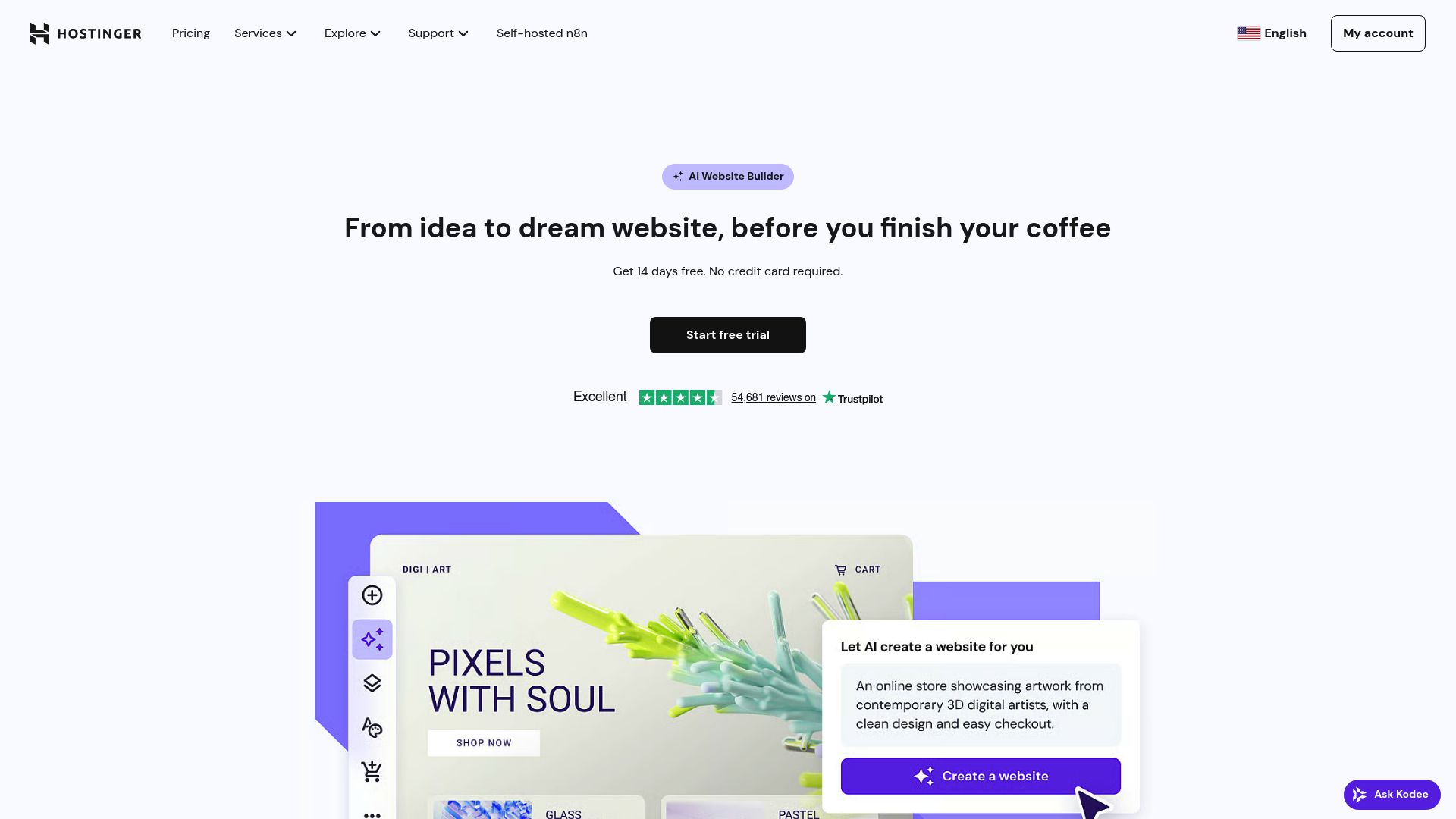 Here’s a shot of the Hostinger AI Website Builder landing page. You can see they're all about making it fast and easy.