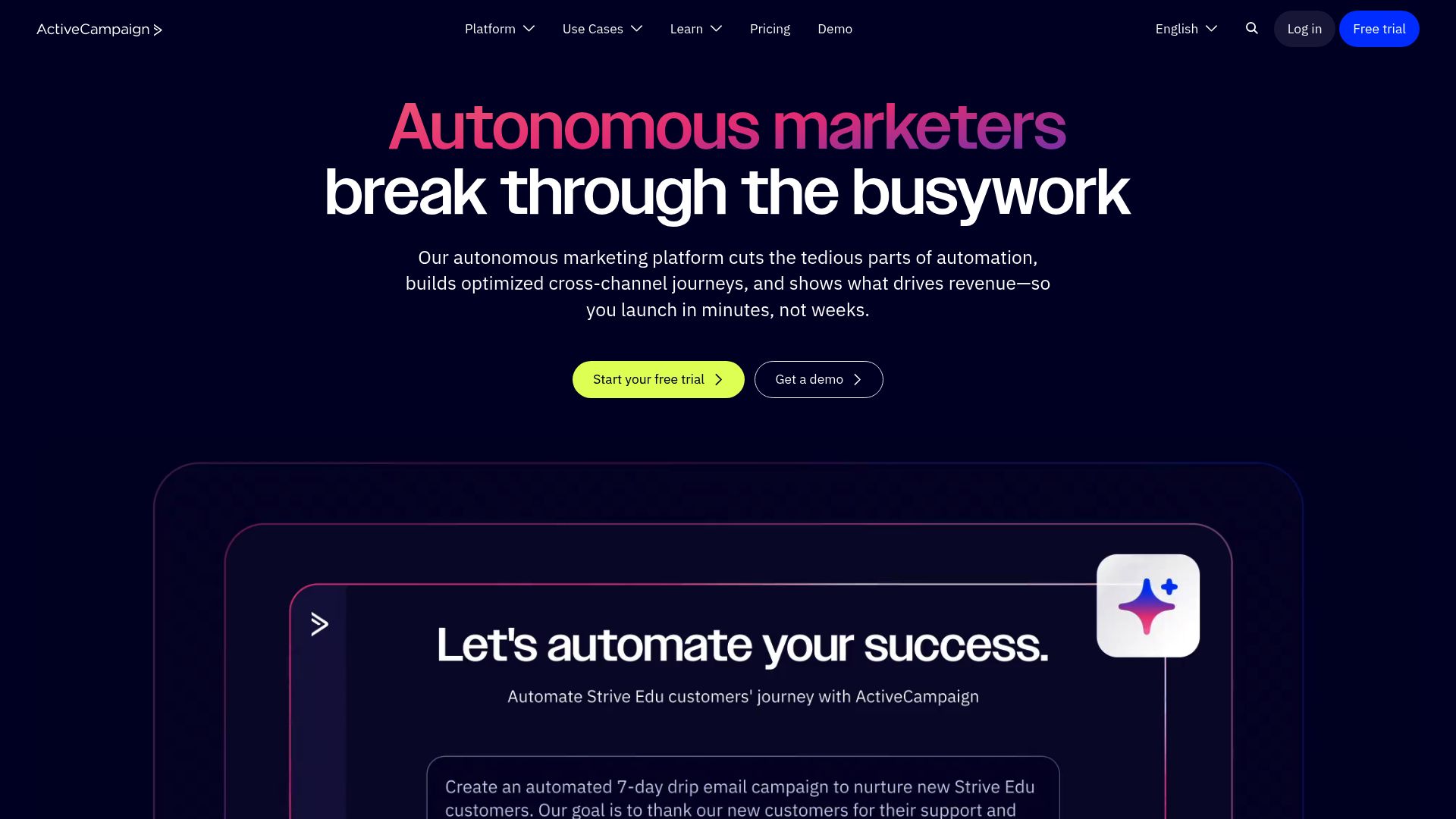 A look at the ActiveCampaign homepage. You can tell right away their main focus is on 'customer experience automation'—basically mixing email, marketing automation, and CRM all in one.