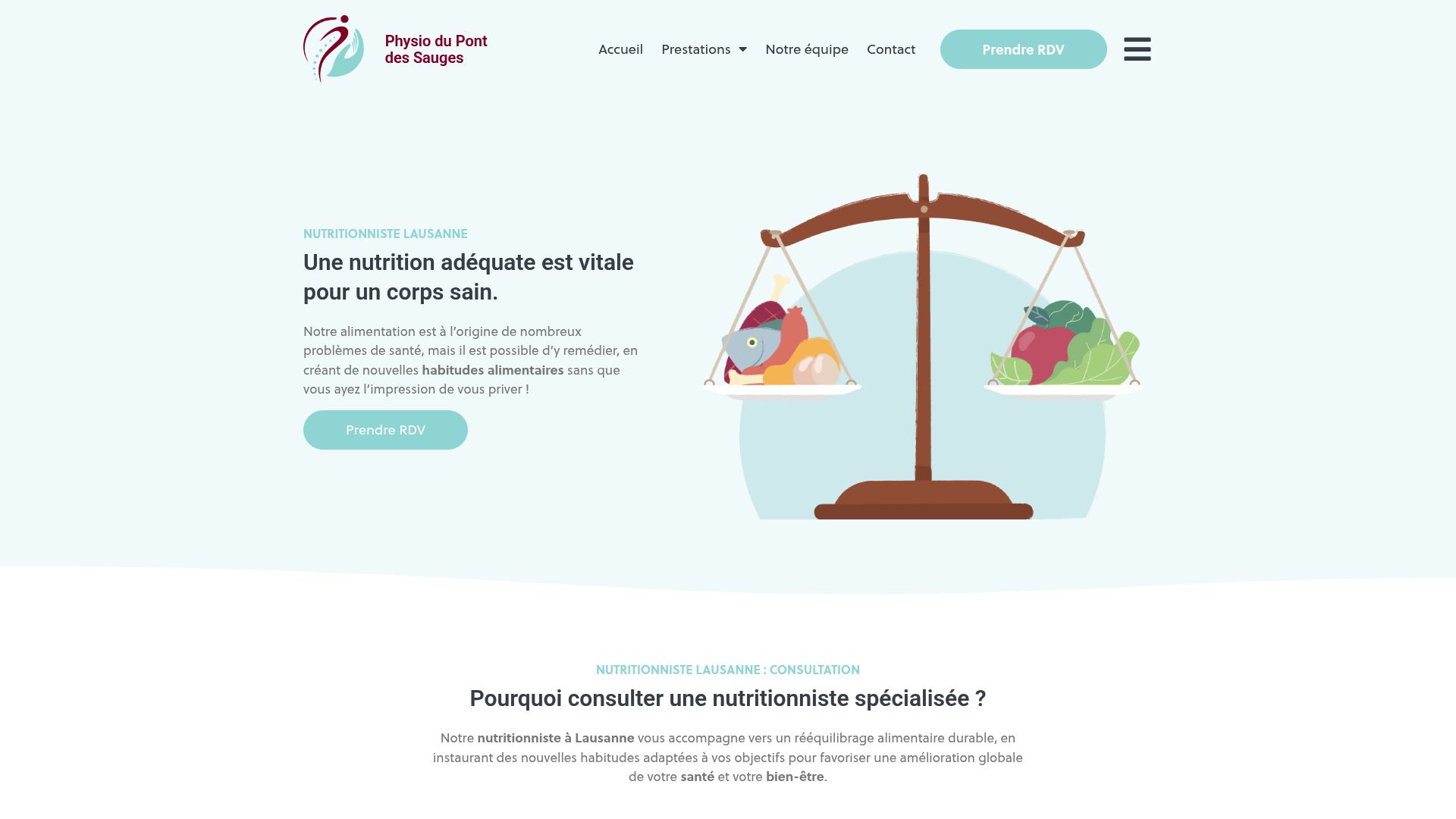 Capture d'écran du site Physio-PDS, mettant en avant leur service de conseil en nutrition à Lausanne.