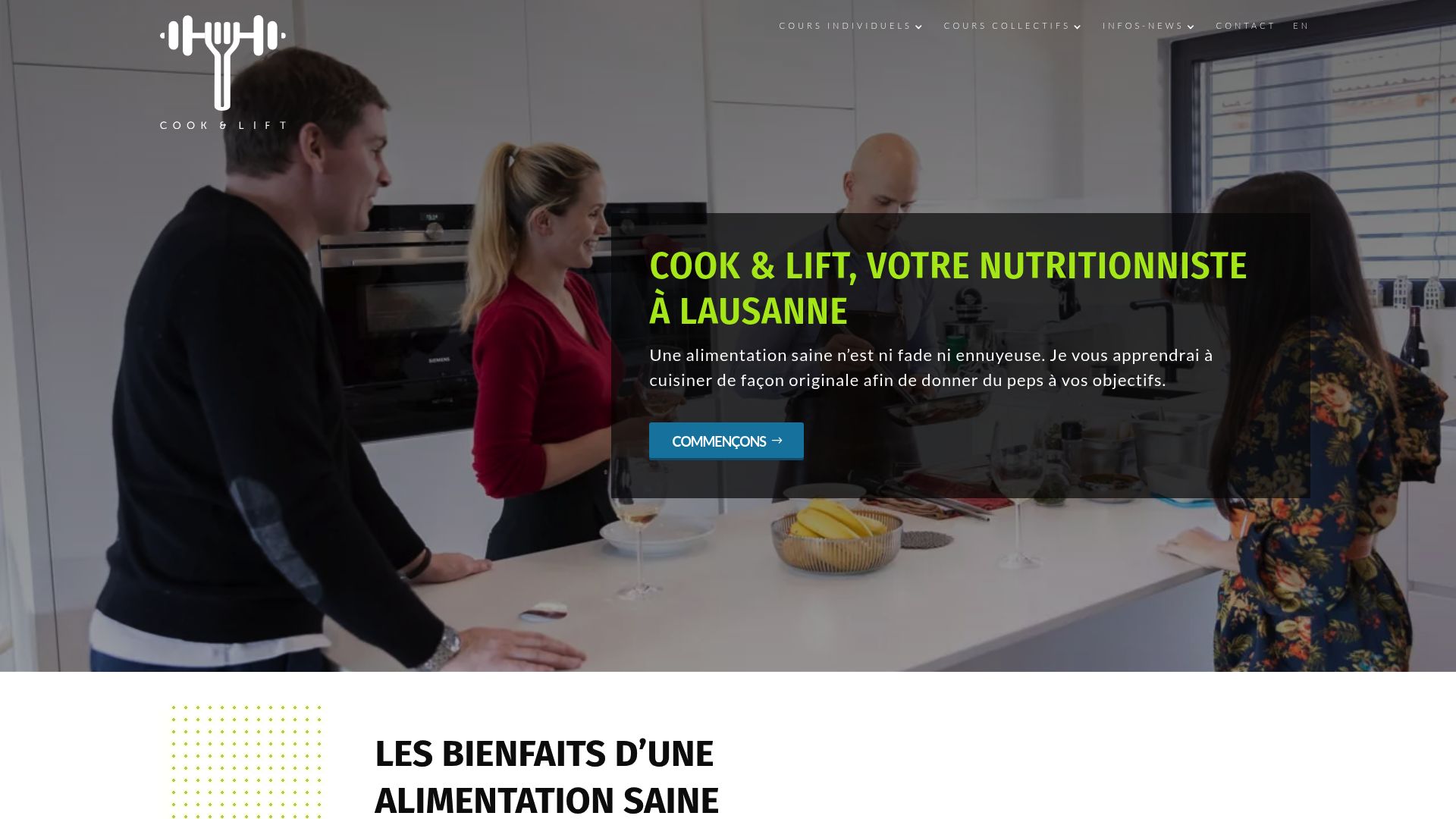 Capture d'écran du site Cook & Lift, présentant leur offre de coaching nutritionnel pour sportifs dans la région de Lausanne.