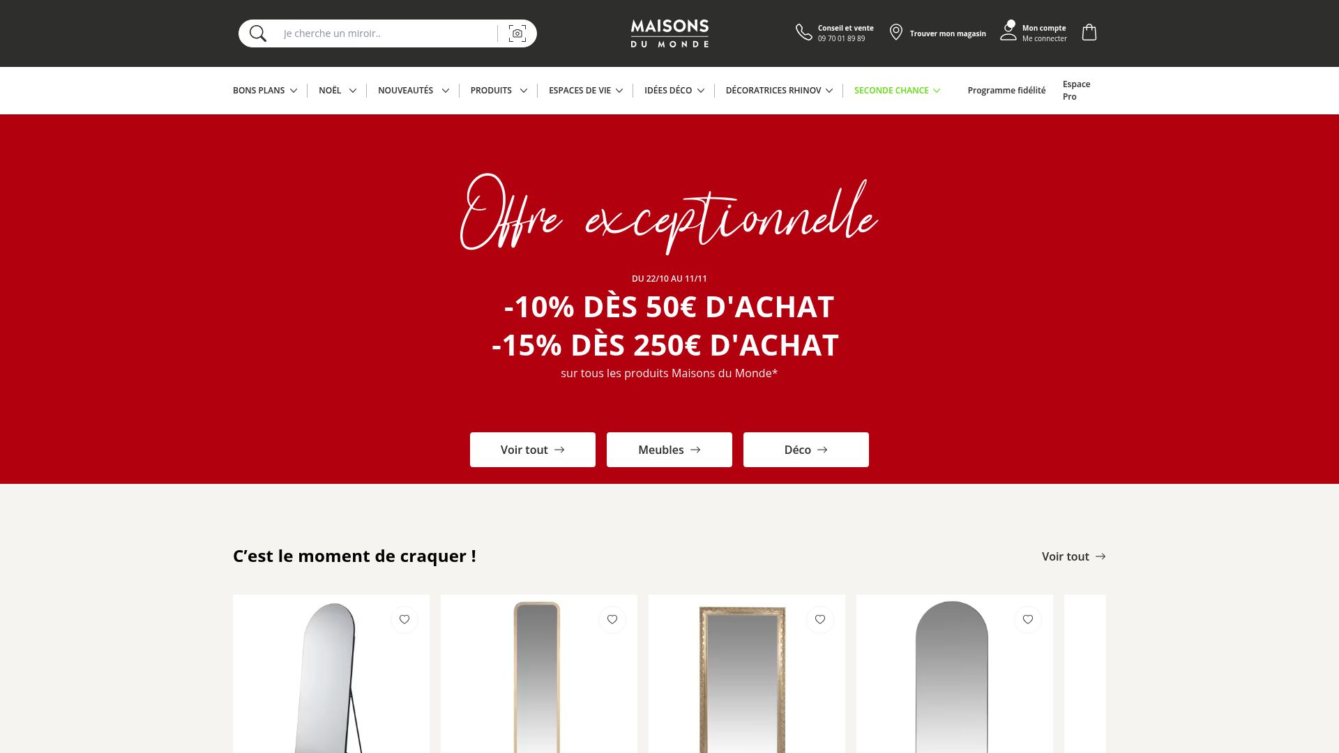 Capture d'écran de la page d'accueil du site Maisons du Monde, montrant une sélection de meubles et d'objets de décoration.