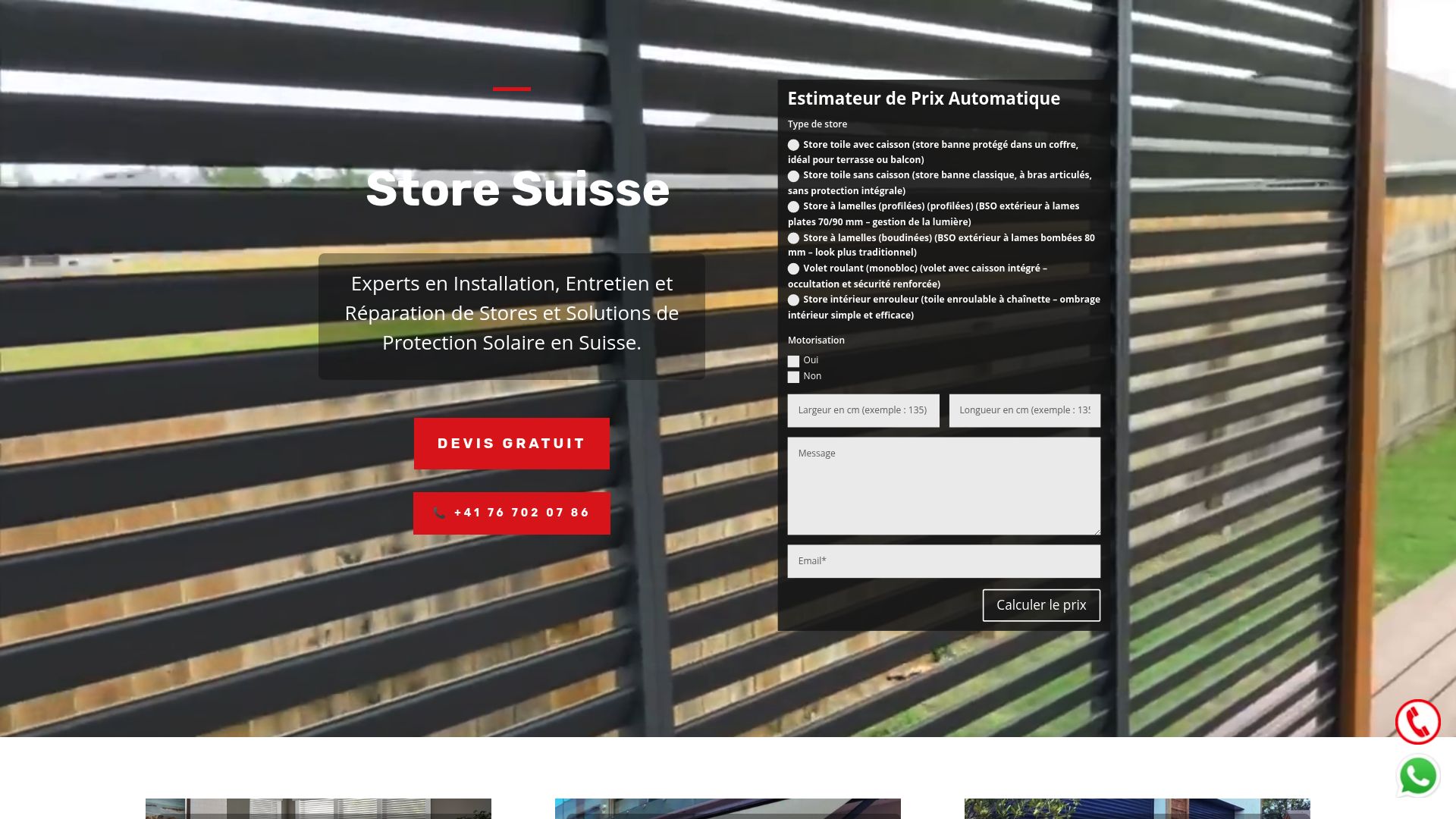Une capture d'écran de la page d'accueil de Store Suisse, qui montre une présentation claire, des exemples de stores et un accès facile au contact.