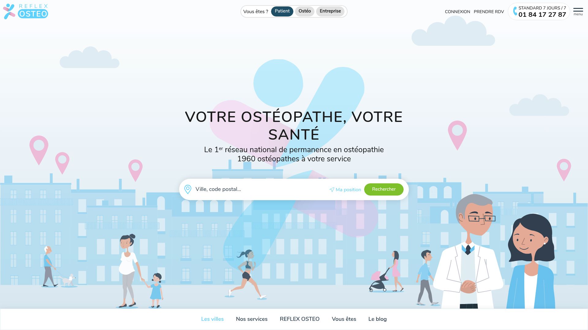 Capture d'écran de l'en-tête du site ReflexOsteo, montrant le logo et la barre de recherche, illustrant une plateforme de certification pour les ostéopathes.