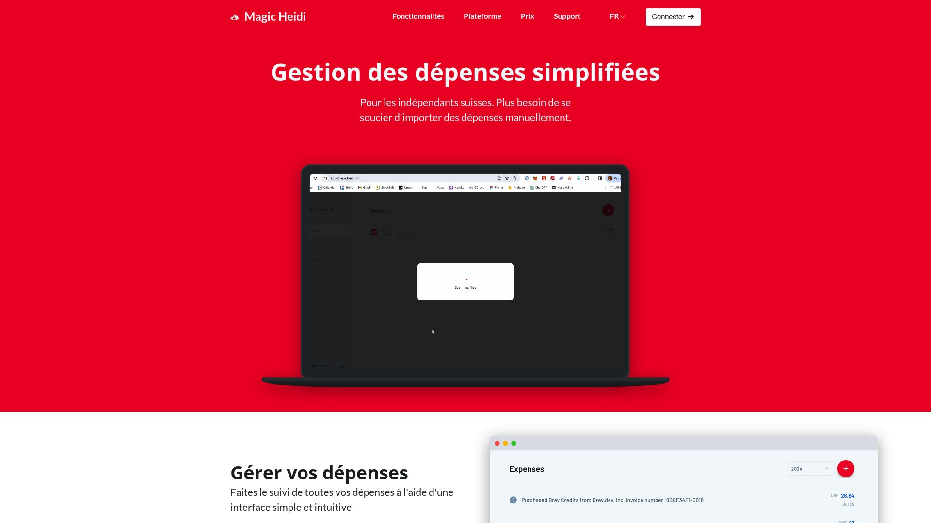 Screenshot of the Magic Heidi website homepage, showcasing their AI expense scanning service for Swiss freelancers.