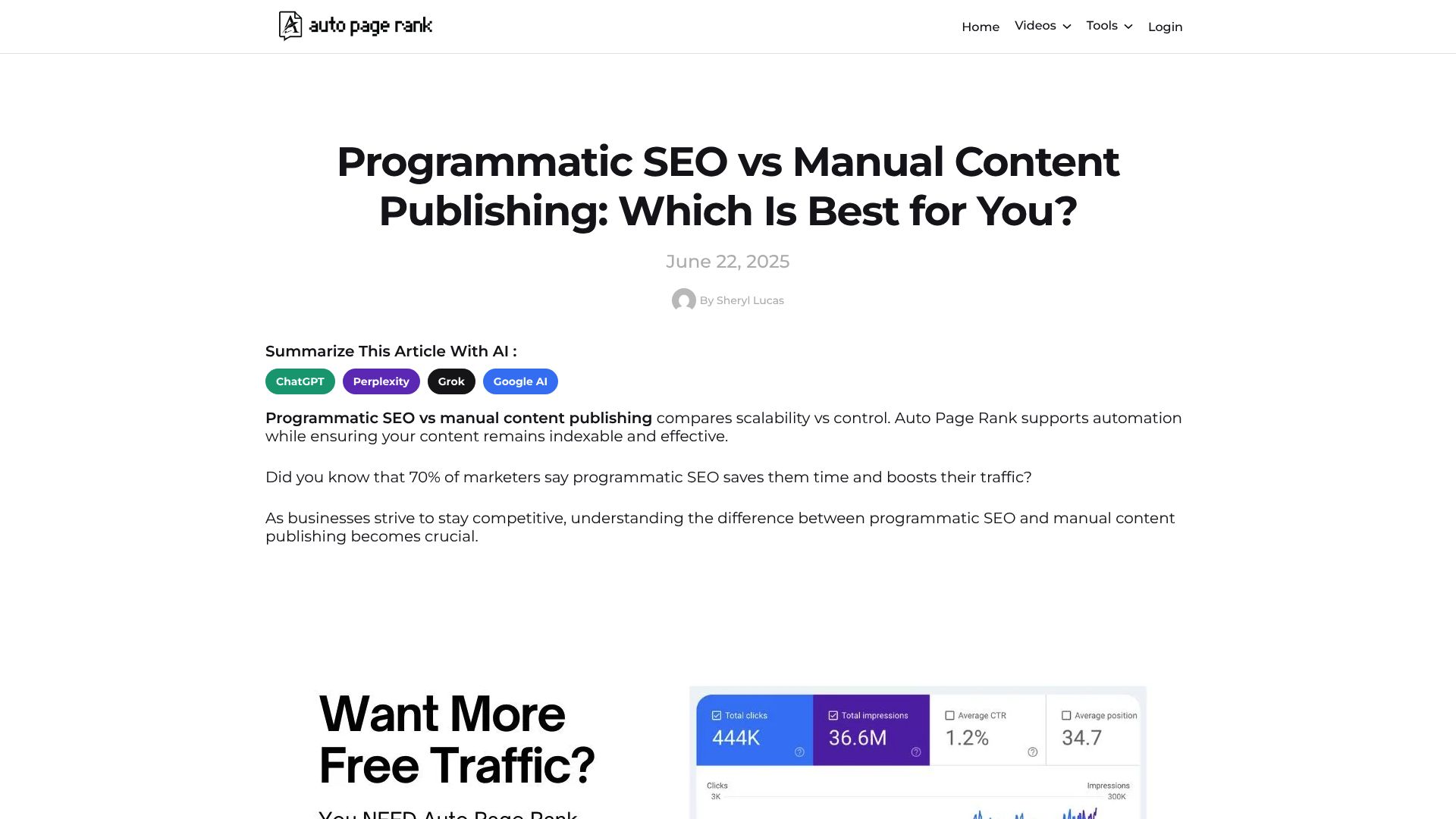 A screenshot of the AutoPageRank website showing their article on programmatic SEO, with the headline and intro paragraph visible.
