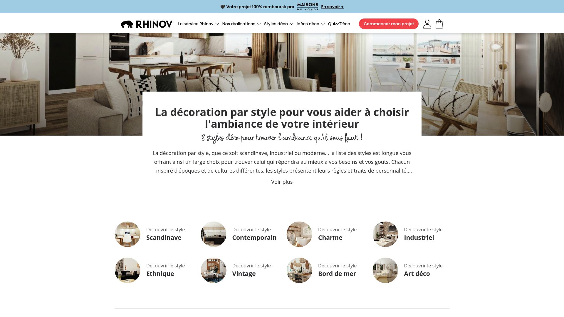 Capture d'écran de la page d'accueil du site Rhinov, montrant la proposition d'un quiz ou d'un outil pour trouver son style de décoration.