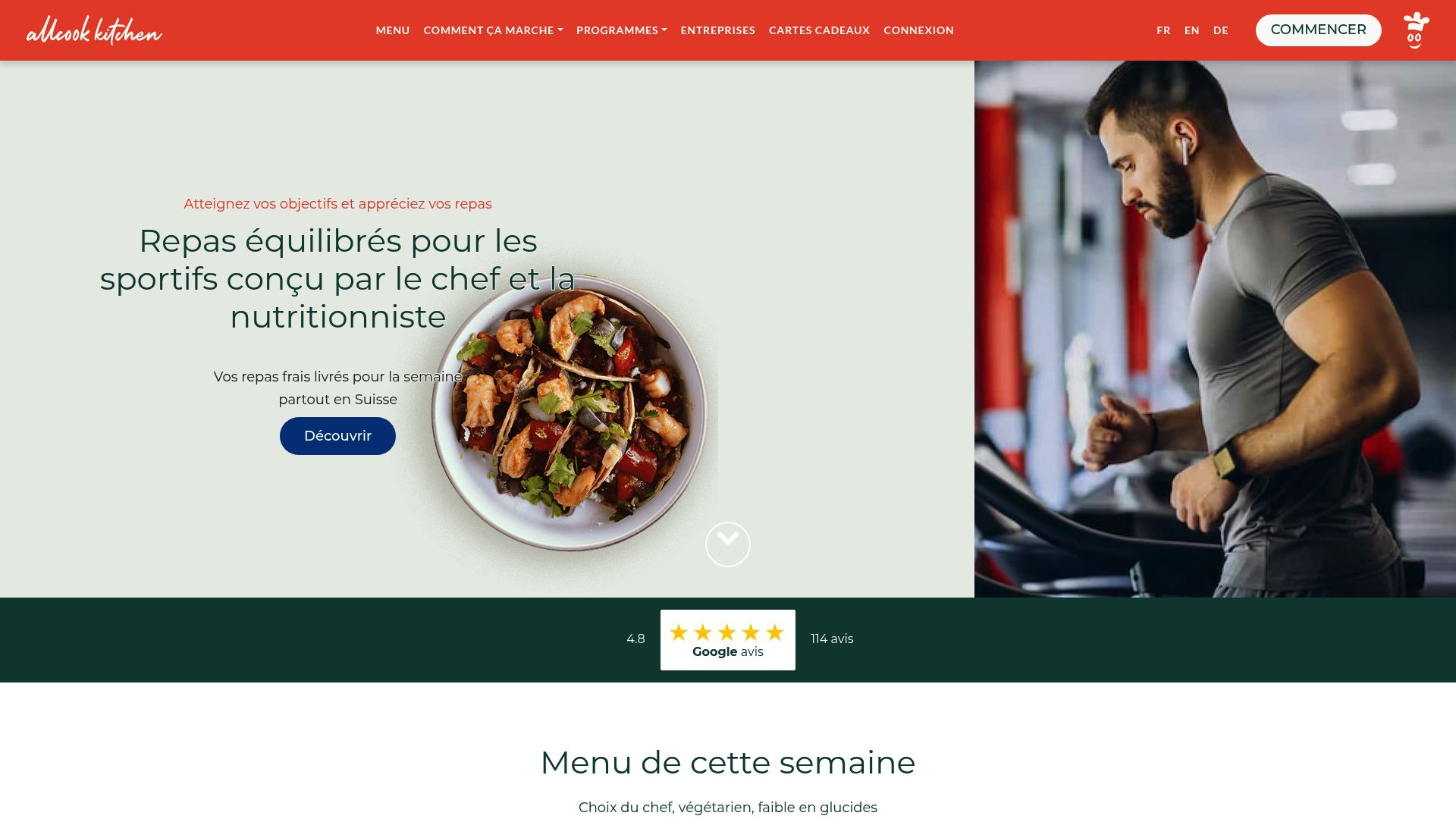 Page d'accueil du site allcook.ch montrant des plats préparés pour sportifs.