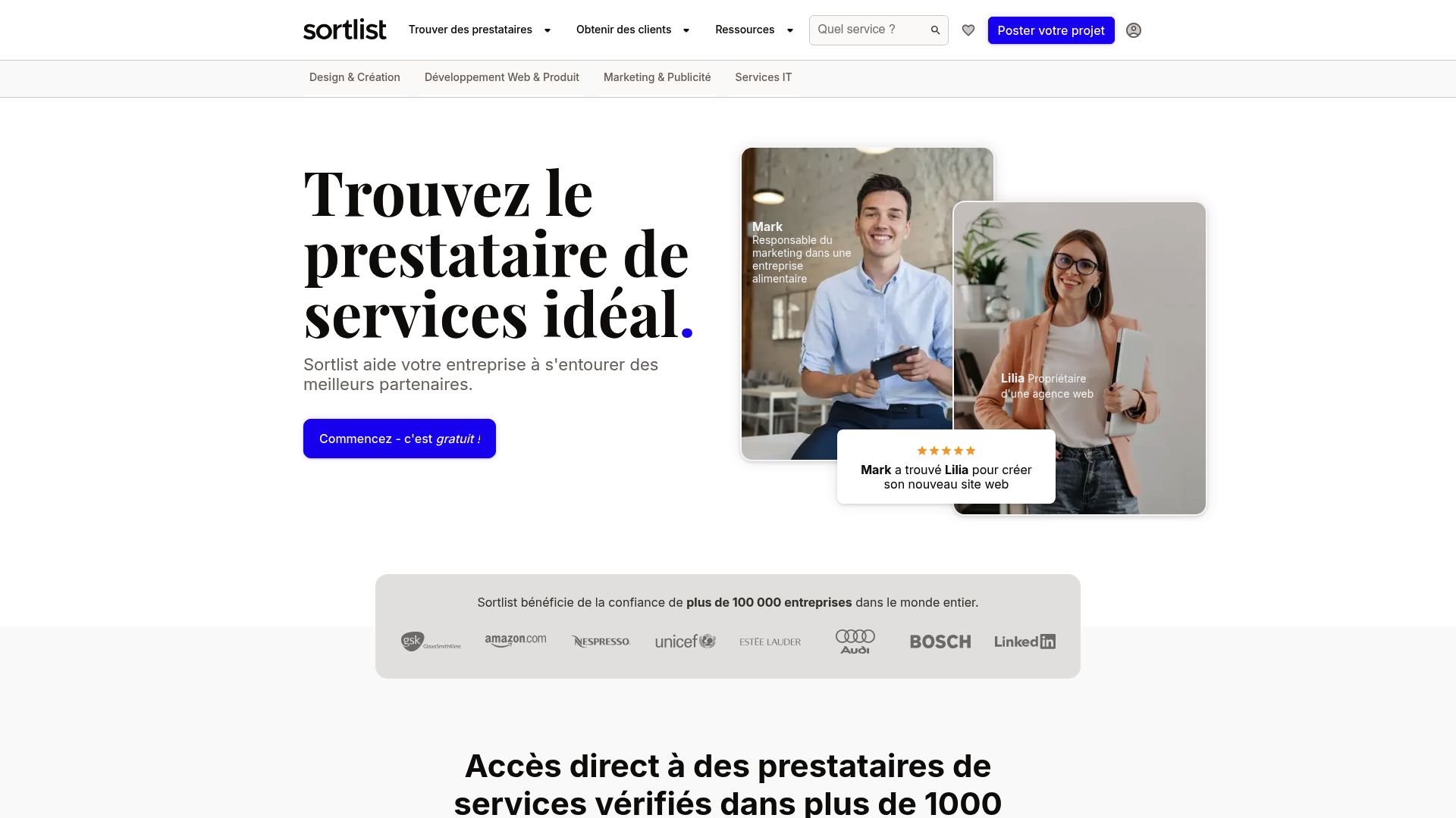 Capture d'écran du site Sortlist, montrant la section de recherche d'agences de stratégie SaaS en Suisse.