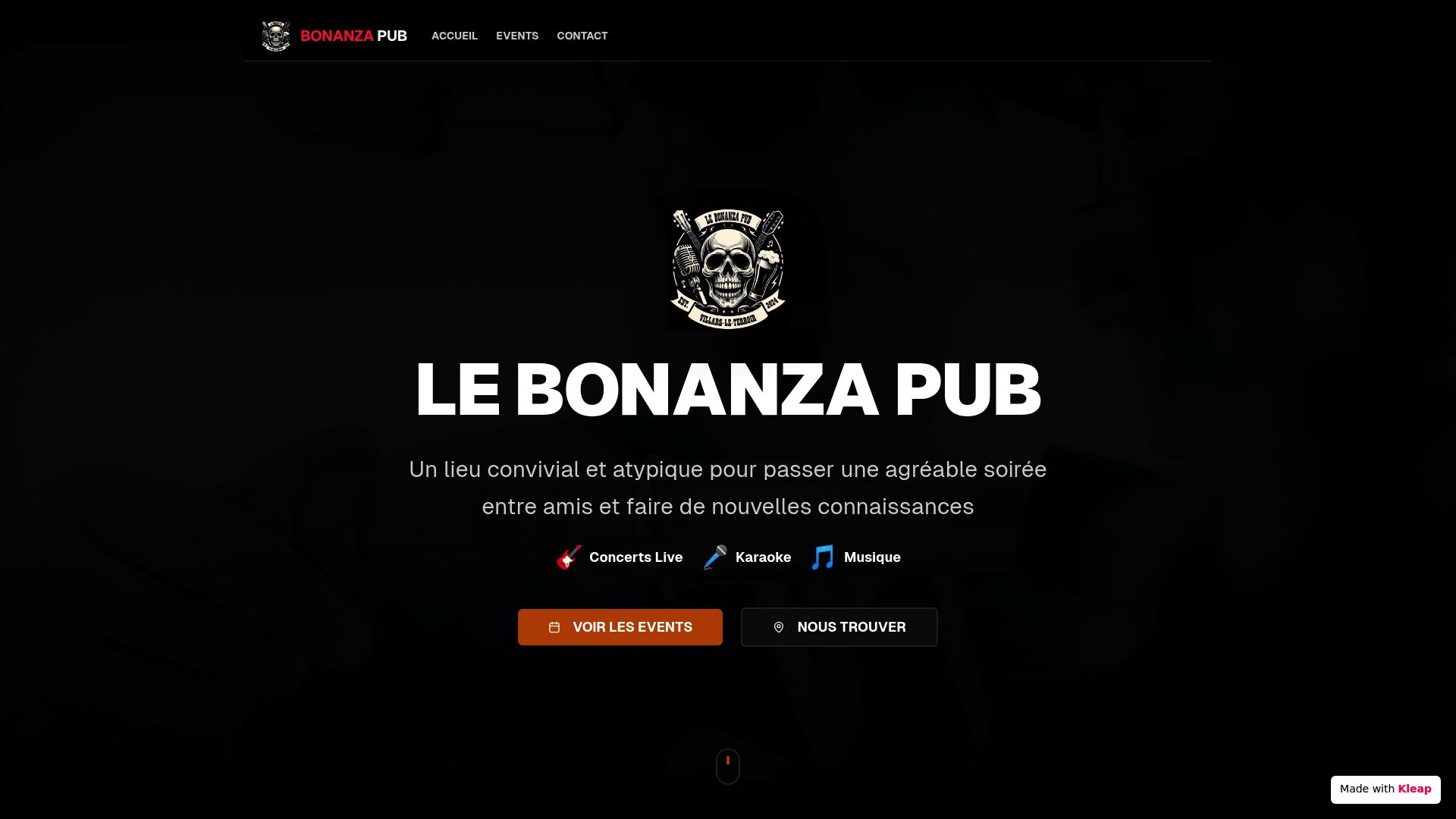 Capture d'écran de la page d'accueil du site web du Bonanza Pub, montrant le logo et l'ambiance visuelle du site.