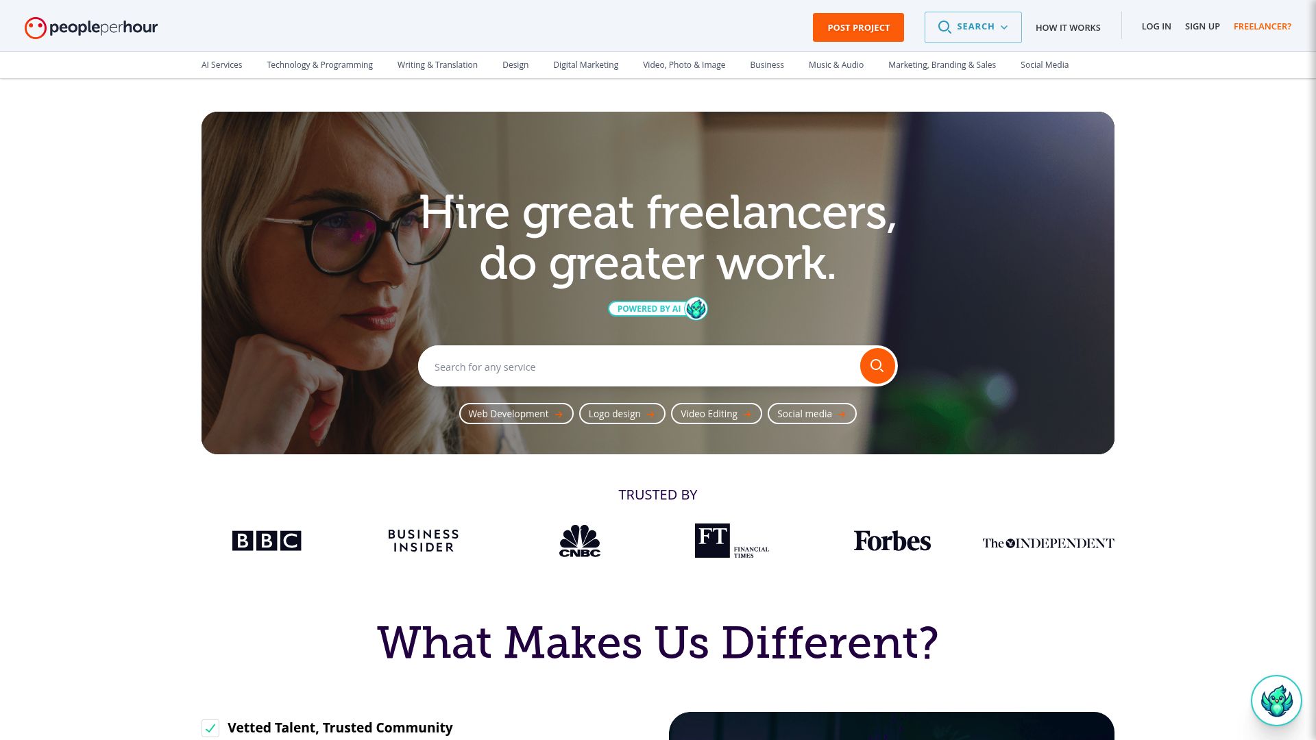 A screenshot of the PeoplePerHour homepage, showing its interface for hiring freelancers for various tasks, including writing and editing.